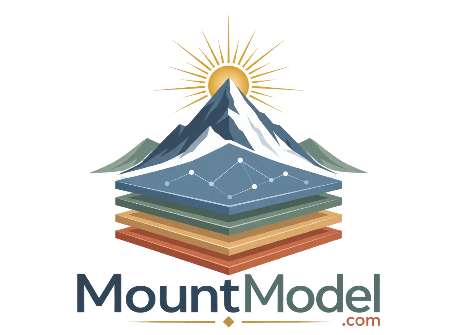 MountModel — mountain and sunrise over layered technology model